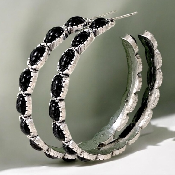 Large Black & Silver Sante Fe Style Post Hoops - Picture 4 of 7